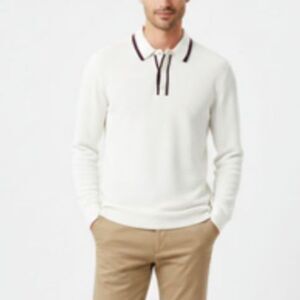 Zara Men's NWT Ivory Waffle Textured Knit Navy Wine Trim LS Polo Shirt Size XL